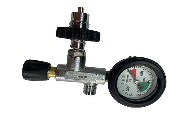 High pressure breathing gas cylinder filling valve with pressure gauge